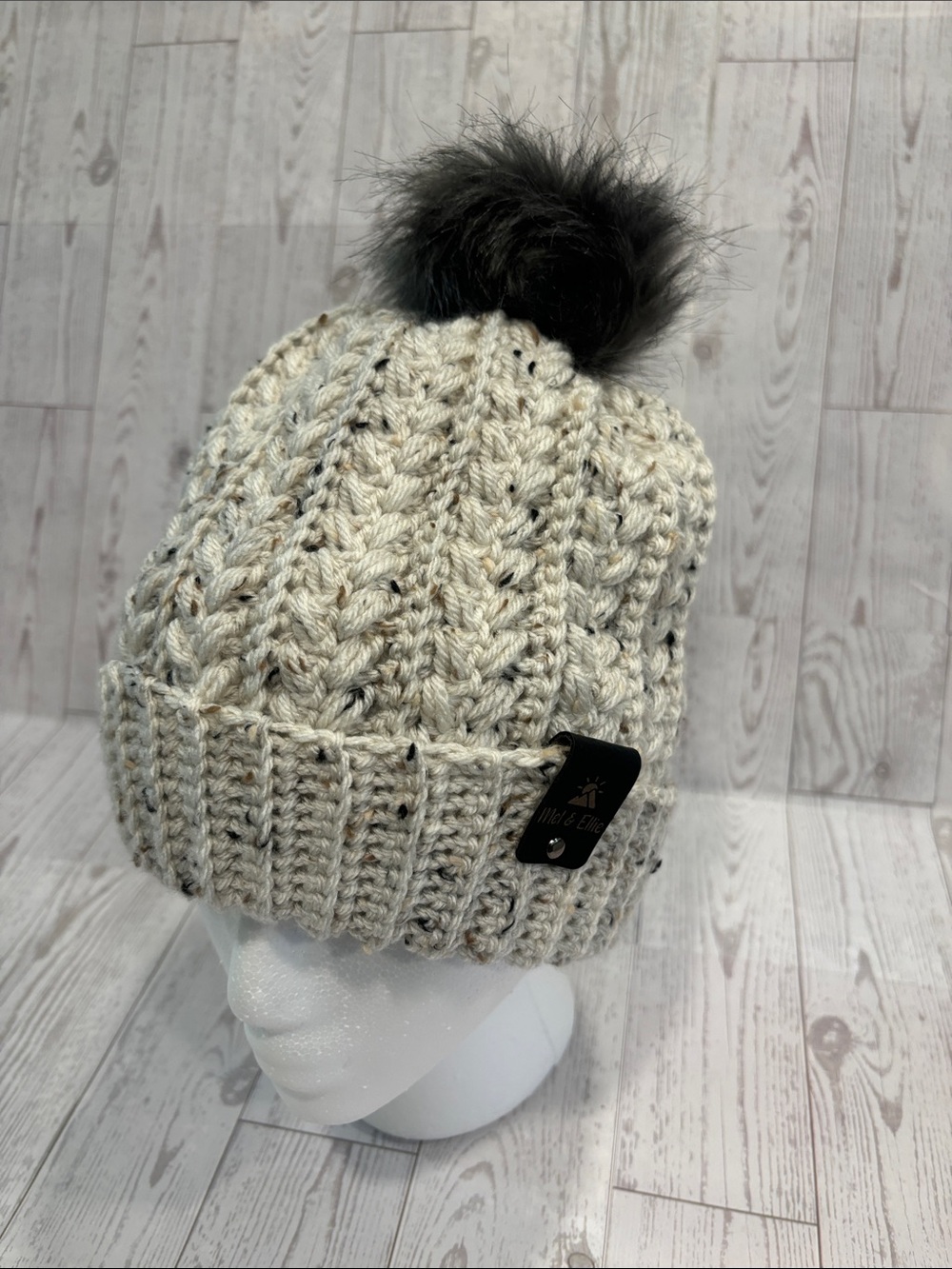 Hand Crafted Crochet Pom Beanie - Cream with Black Pom